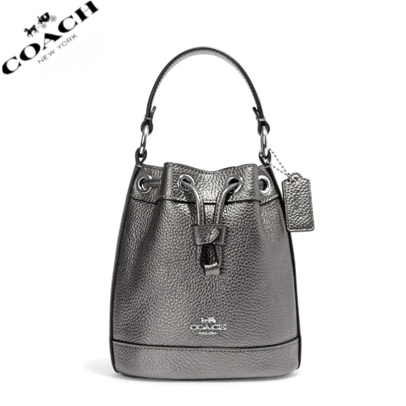 🔥NWT COACH DEMPSEY DRAWSTRING BUCKET BAG 15 SILVER/METALLIC GUNMETAL CROSSBODY‎ - Picture 1 of 7